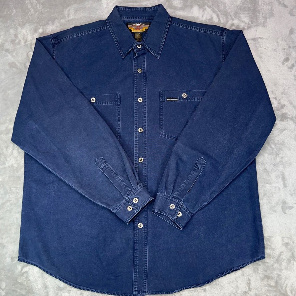 HARLEY DAVIDSON Shirt Men's XL Blue Long Sleeve Button Up Shirt Winged Back Logo